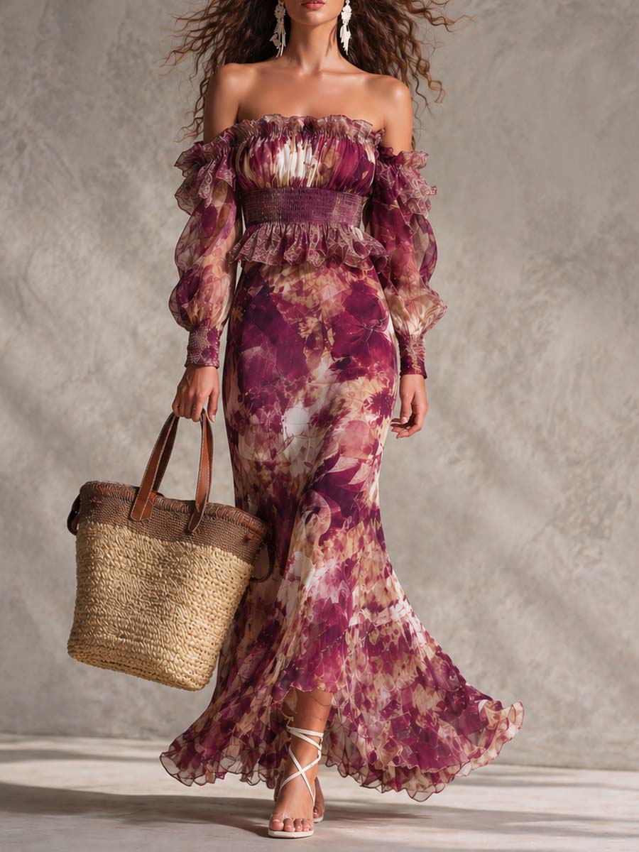 Vestito lungo in chiffon floreale rosa cipria con spalle scoperte