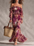 Vestito lungo in chiffon floreale rosa cipria con spalle scoperte