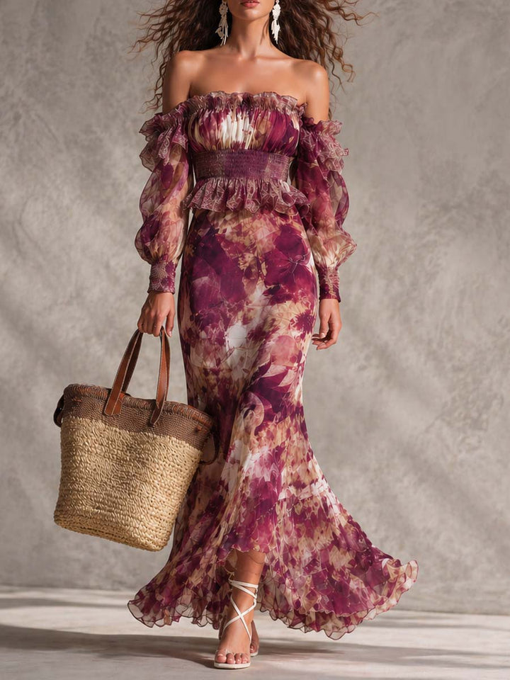 Vestito lungo in chiffon floreale rosa cipria con spalle scoperte
