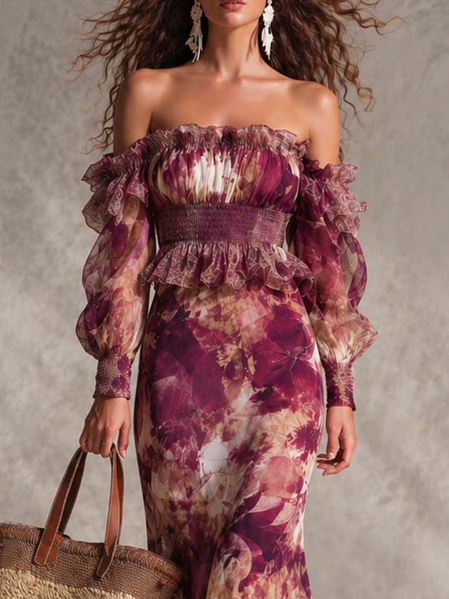 Vestito lungo in chiffon floreale rosa cipria con spalle scoperte