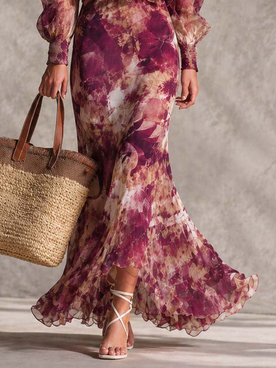 Vestito lungo in chiffon floreale rosa cipria con spalle scoperte