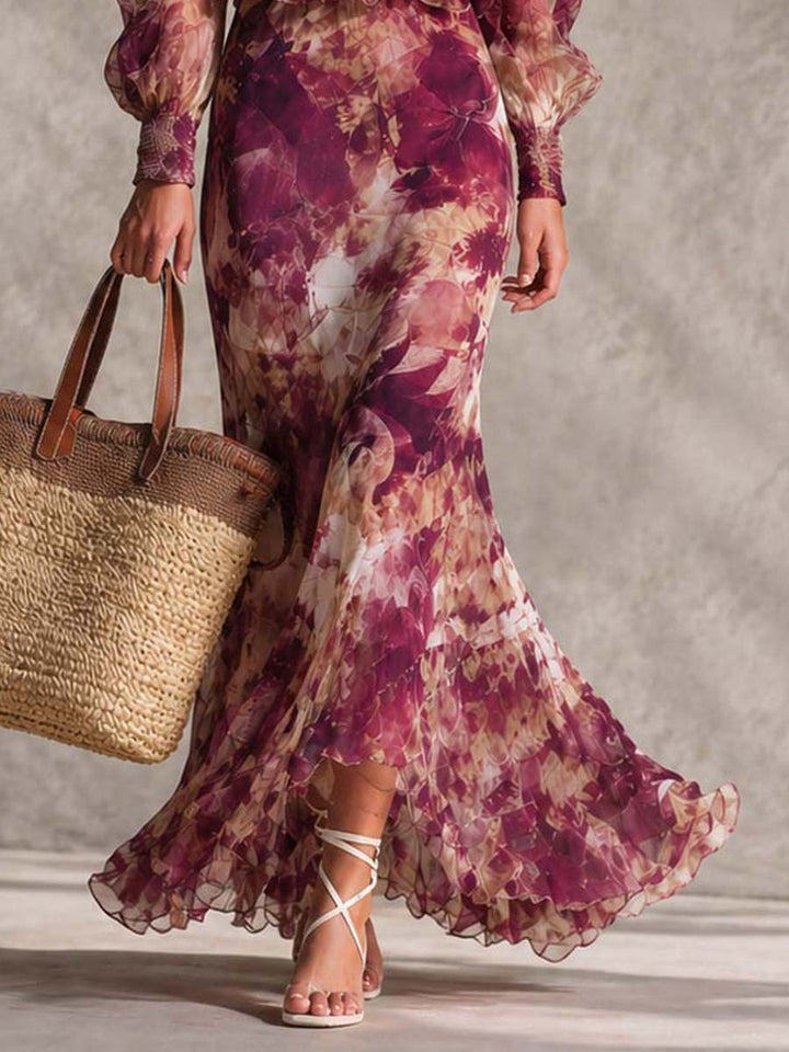 Vestito lungo in chiffon floreale rosa cipria con spalle scoperte