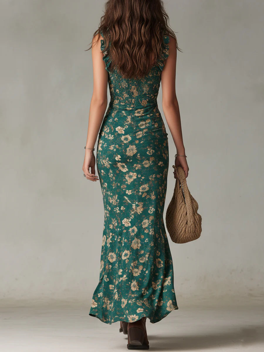Abito lungo verde bohemien con volant