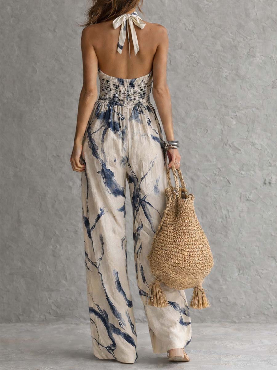 Tuta con collo a halter, stampa effetto lavaggio ad inchiostro, a gamba larga, con tasche
