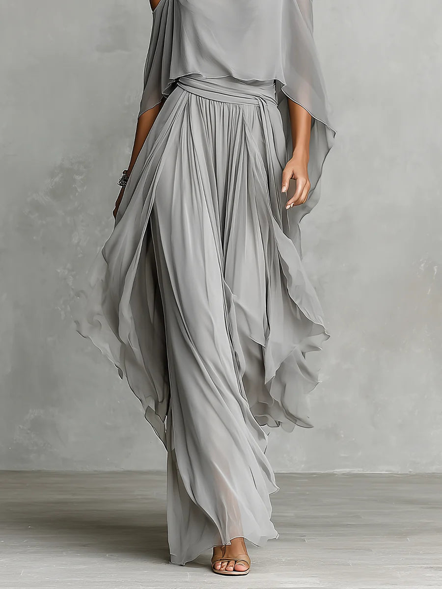 Set coordinato in chiffon grigio con top a spalle scoperte e pantaloni