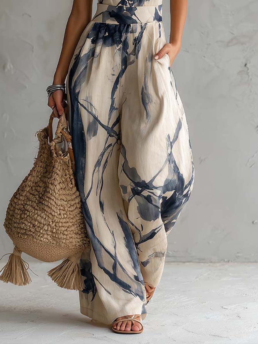 Tuta con collo a halter, stampa effetto lavaggio ad inchiostro, a gamba larga, con tasche