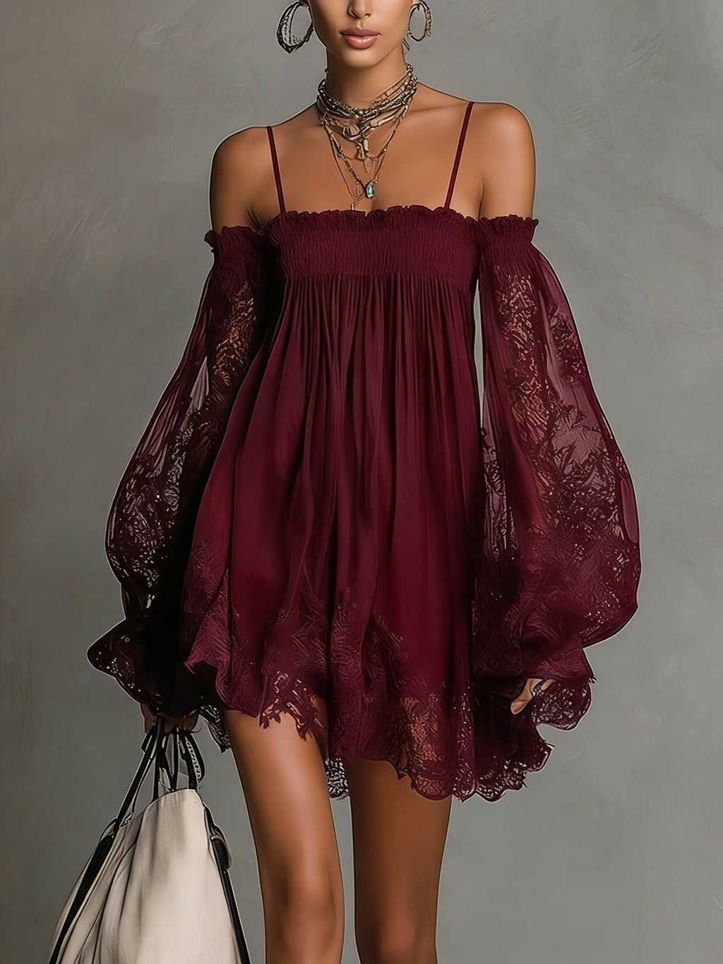 Noemi | vestito mini in chiffon blu navy con scollatura a spalle scoperte, bordo in pizzo e maniche trasparenti