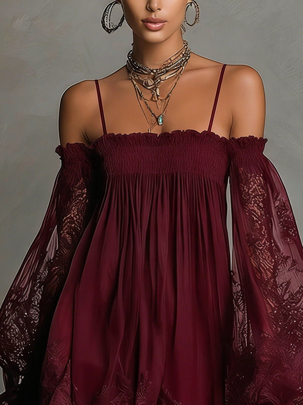 Noemi | vestito mini in chiffon blu navy con scollatura a spalle scoperte, bordo in pizzo e maniche trasparenti