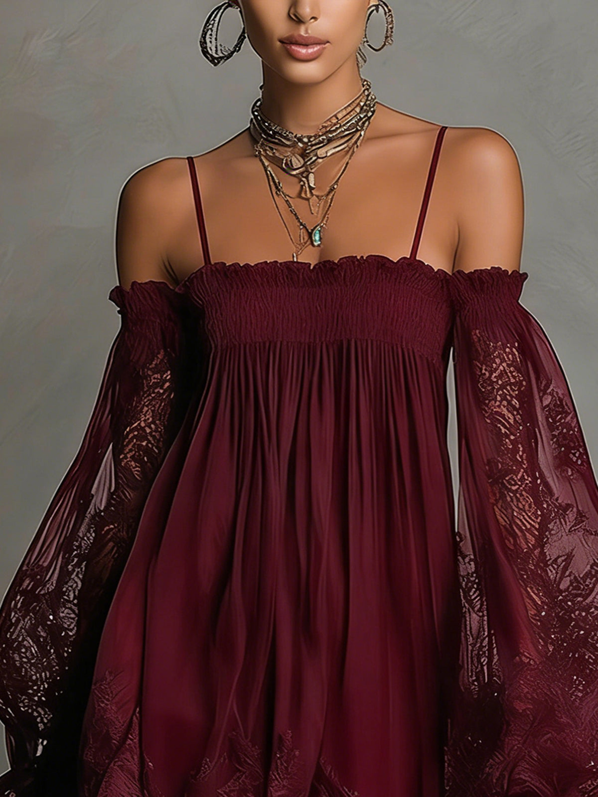 Noemi | vestito mini in chiffon blu navy con scollatura a spalle scoperte, bordo in pizzo e maniche trasparenti