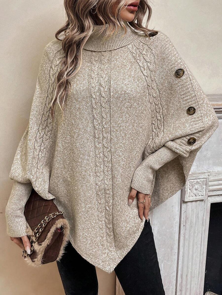 Alexis | Maglione poncho a collo alto con maniche a pipistrello, pullover asimmetrico in maglia a trecce