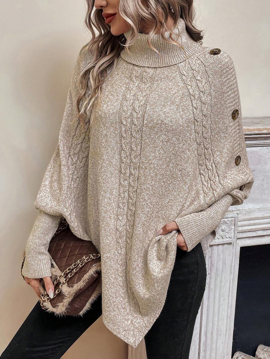 Alexis | Maglione poncho a collo alto con maniche a pipistrello, pullover asimmetrico in maglia a trecce