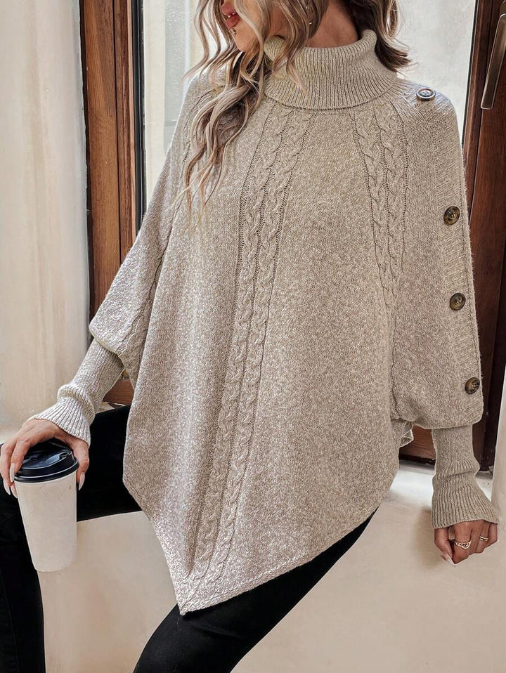 Alexis | Maglione poncho a collo alto con maniche a pipistrello, pullover asimmetrico in maglia a trecce