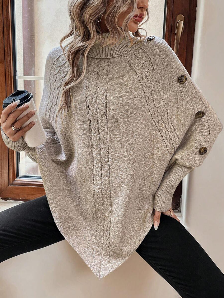 Alexis | Maglione poncho a collo alto con maniche a pipistrello, pullover asimmetrico in maglia a trecce