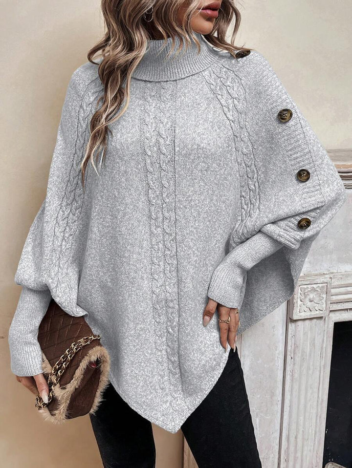 Alexis | Maglione poncho a collo alto con maniche a pipistrello, pullover asimmetrico in maglia a trecce