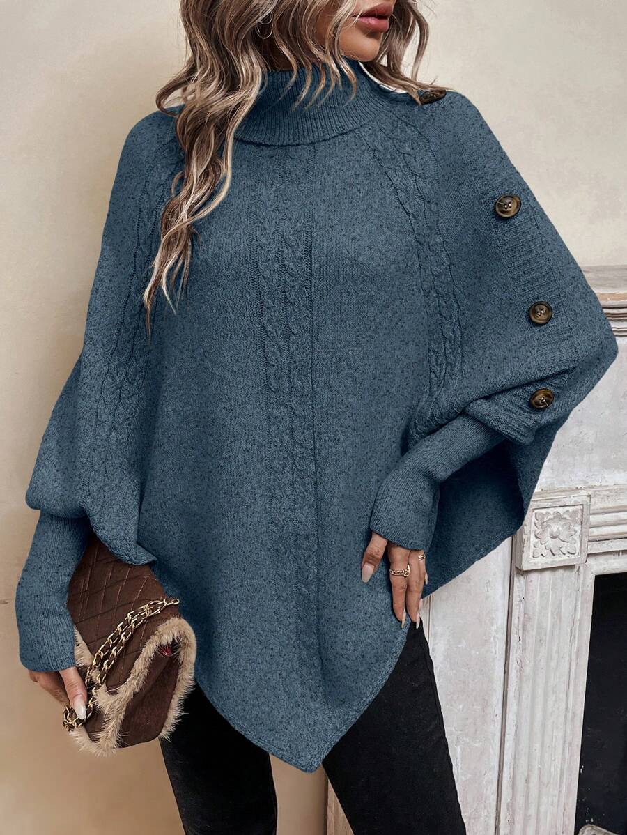 Alexis | Maglione poncho a collo alto con maniche a pipistrello, pullover asimmetrico in maglia a trecce