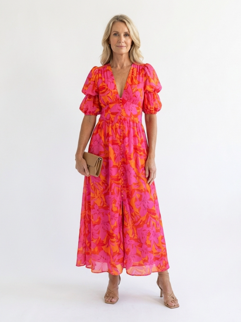 Willow | Vestito midi floreale con scollo a V e maniche a sbuffo
