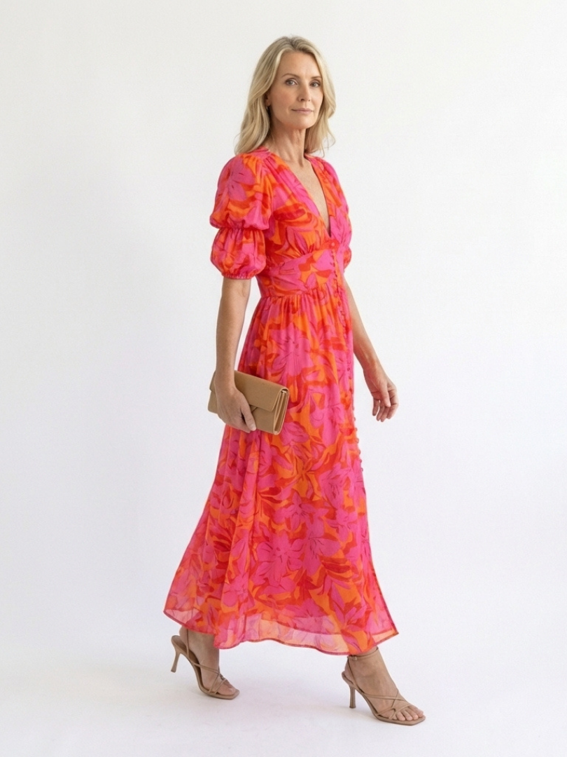 Willow | Vestito midi floreale con scollo a V e maniche a sbuffo