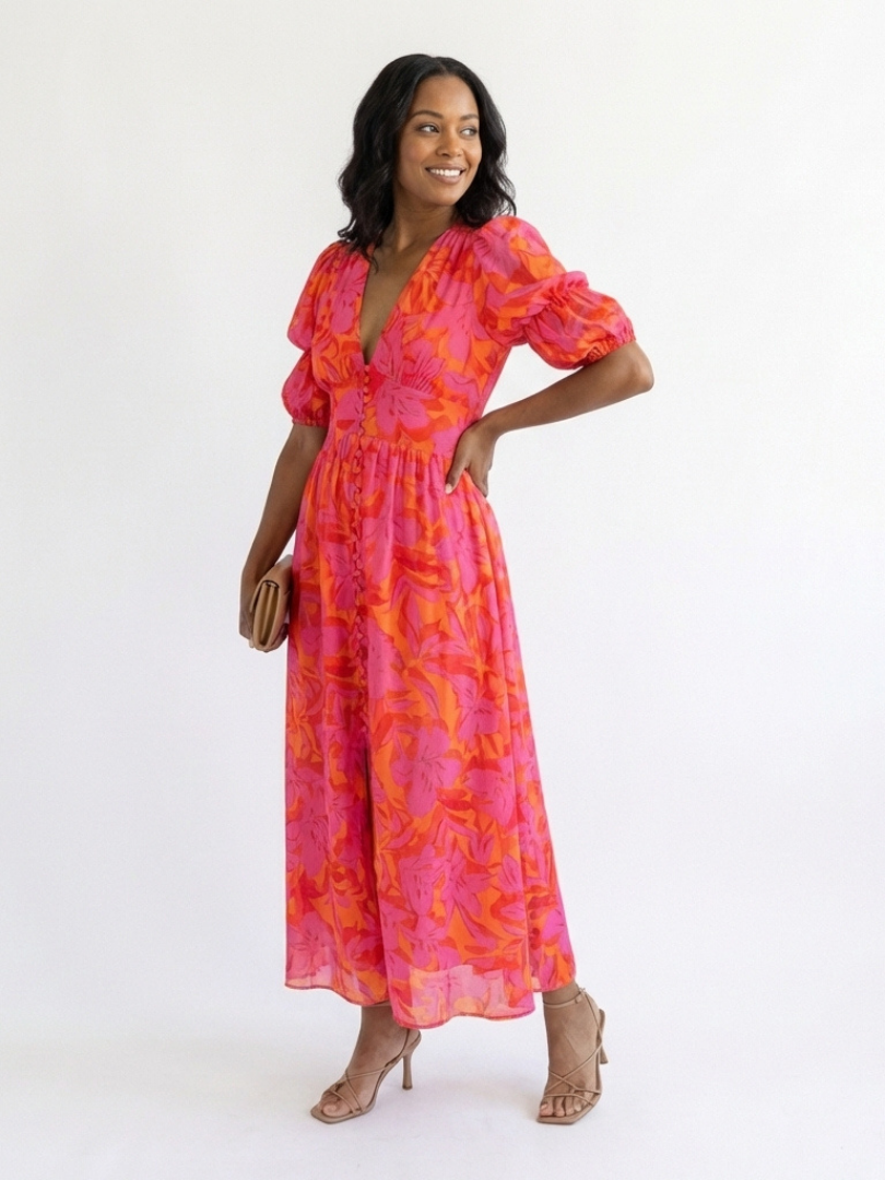Willow | Vestito midi floreale con scollo a V e maniche a sbuffo