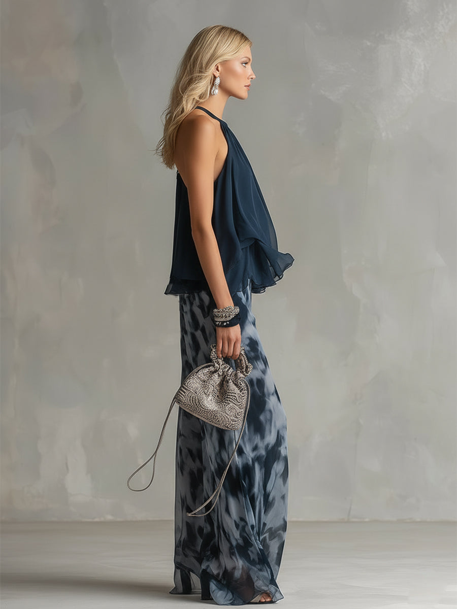 Ludovica | Top halter blu navy alla moda e set stampato con pantaloni a gamba larga