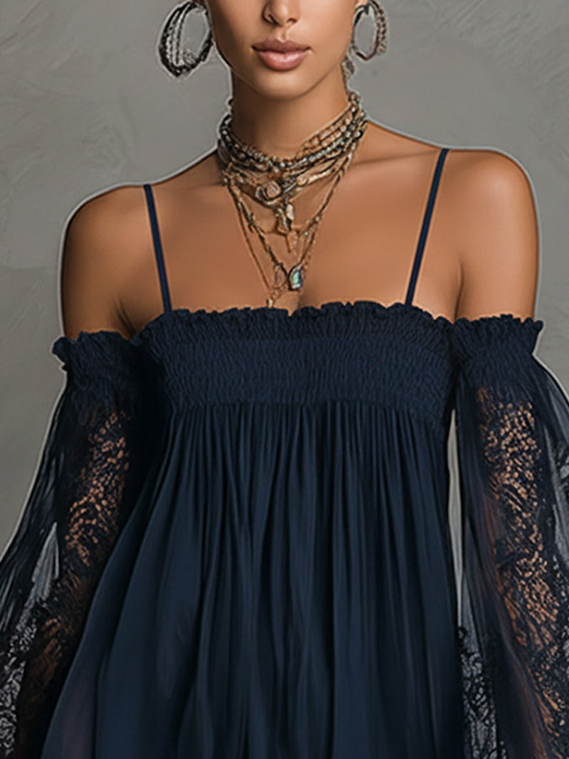 Noemi | vestito mini in chiffon blu navy con scollatura a spalle scoperte, bordo in pizzo e maniche trasparenti