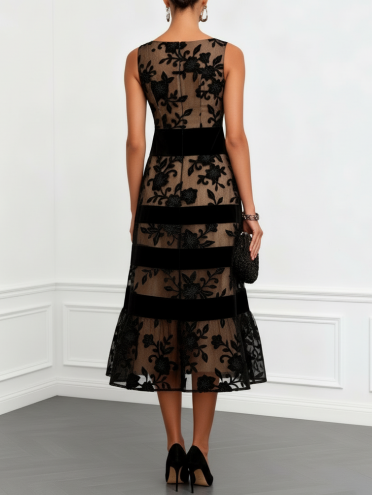 Vestito midi nero a linea, senza maniche, con motivo floreale in mesh