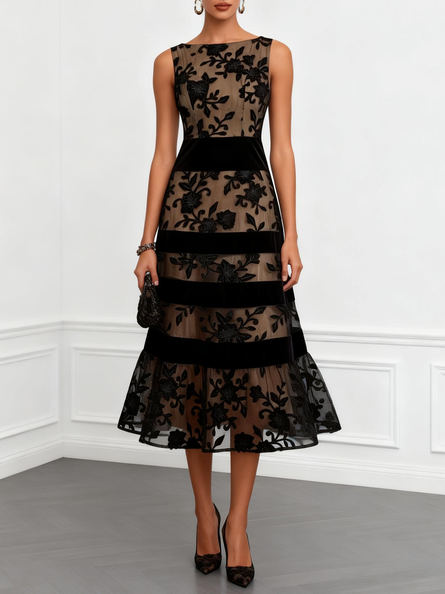 Vestito midi nero a linea, senza maniche, con motivo floreale in mesh