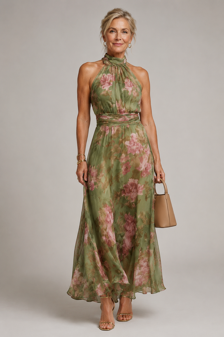 Julie | Abito lungo verde a fiori con scollo all&