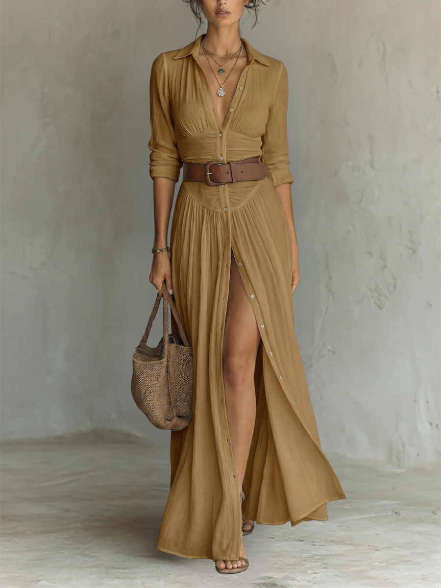 Abito lungo maxi con colletto a revers e maniche lunghe per donna • S1