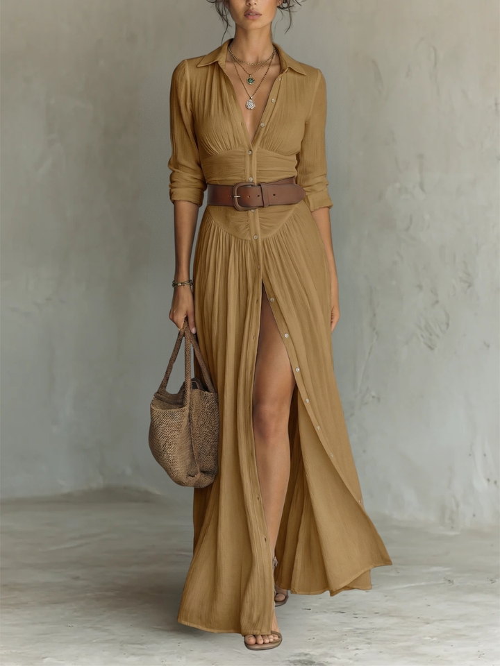 Abito lungo maxi con colletto a revers e maniche lunghe per donna • S1