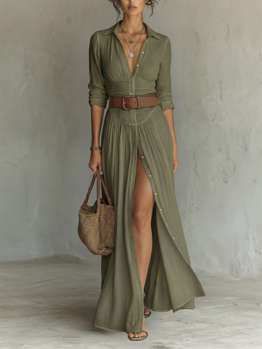 Abito lungo maxi con colletto a revers e maniche lunghe per donna • S1