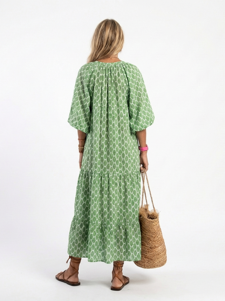 Apolline | vestito midi a fantasia con maniche a tre quarti e scollo a V