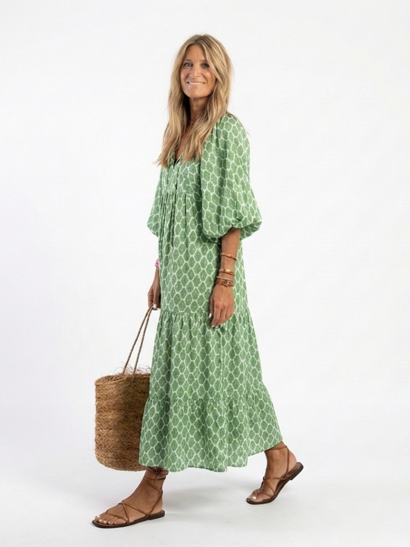 Apolline | vestito midi a fantasia con maniche a tre quarti e scollo a V