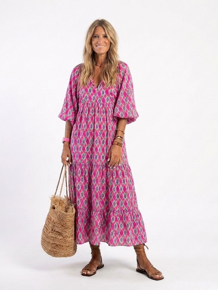 Apolline | vestito midi a fantasia con maniche a tre quarti e scollo a V