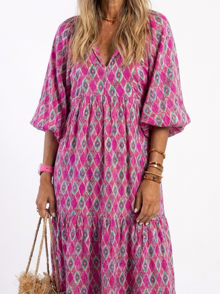 Apolline | vestito midi a fantasia con maniche a tre quarti e scollo a V