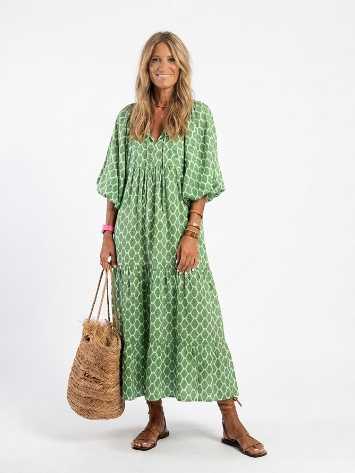 Apolline | vestito midi a fantasia con maniche a tre quarti e scollo a V