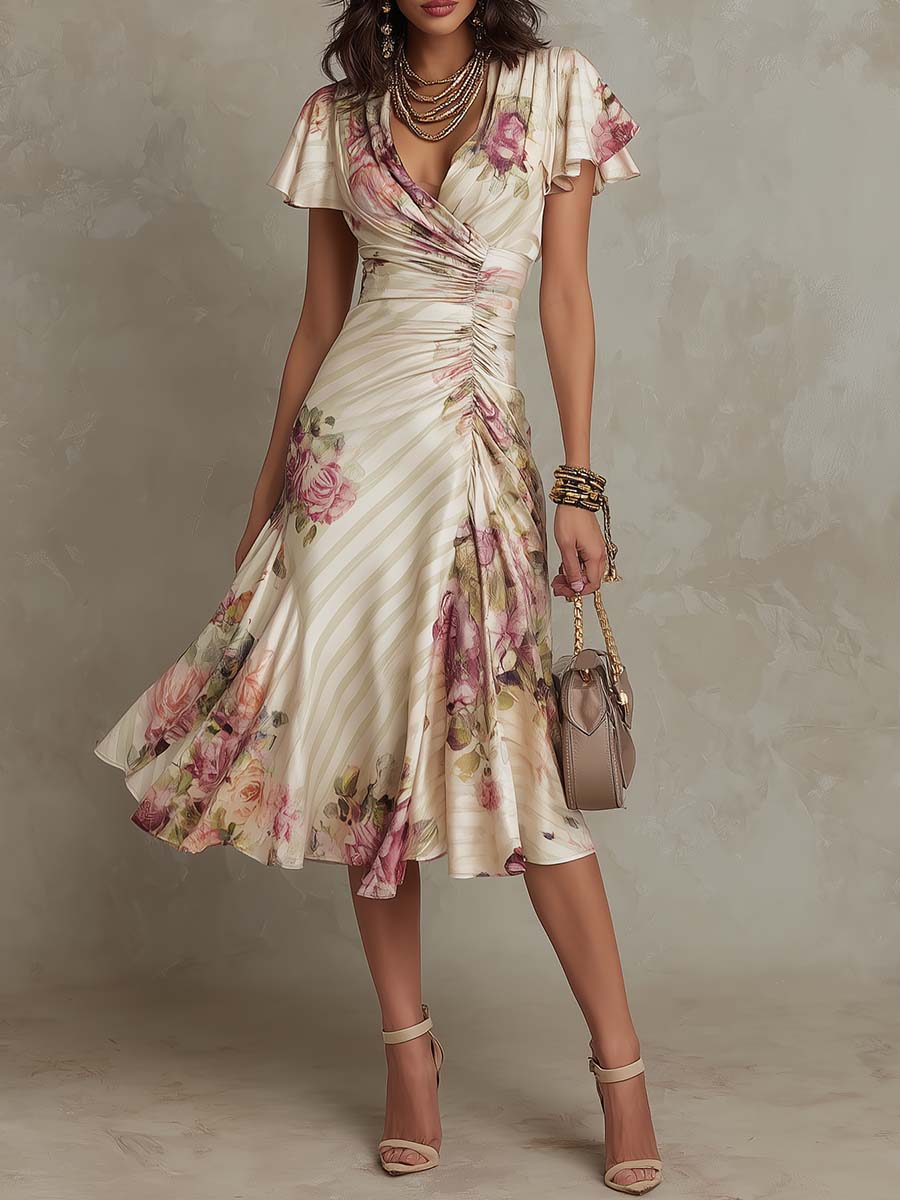 Alba | Elegante abito midi avvolgente con stampa floreale e ruches