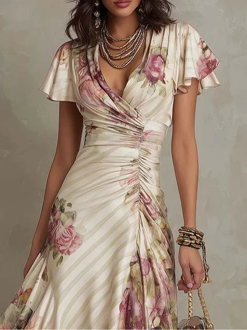Alba | Elegante abito midi avvolgente con stampa floreale e ruches