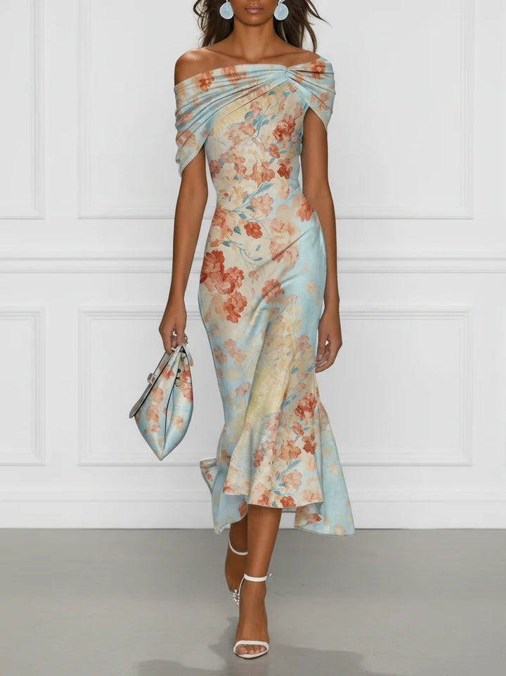 Vittoria | Abito midi a sirena con spalle scoperte e fiori blu