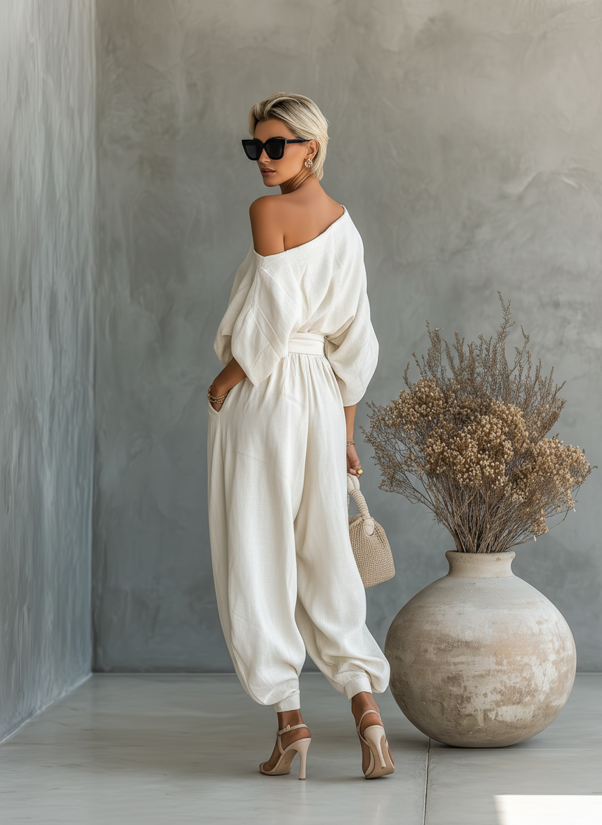 Completo in lino avorio da donna con top a spalle scoperte e pantaloni a gamba affusolata • S1
