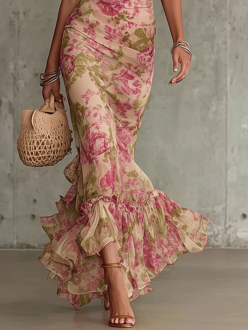 Fiora | Abito lungo romantico in rosa vintage con maniche a sbuffo