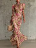Abito lungo con stampa a rose vintage e maniche a sbuffo (Accessori non inclusi)