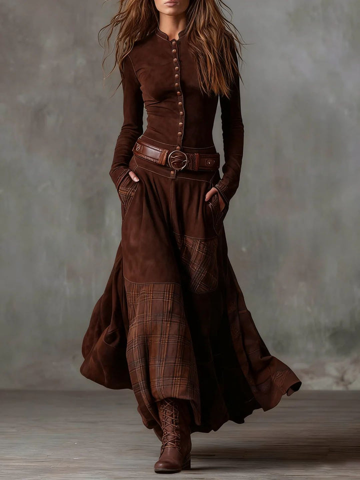 Leonora | Abito lungo in camoscio a quadri con cintura