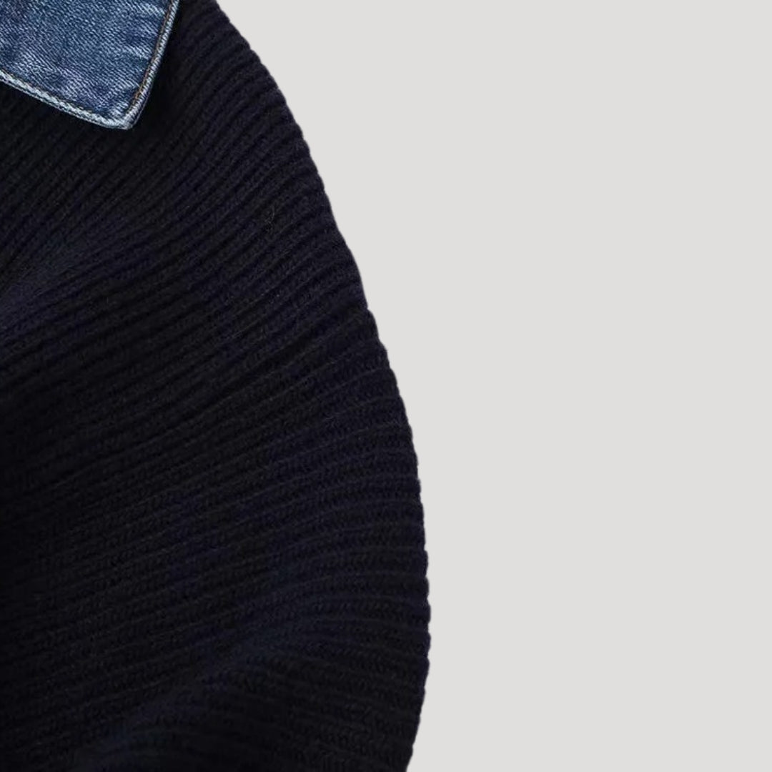 Marisa | Cardigan blu navy con bordo in denim