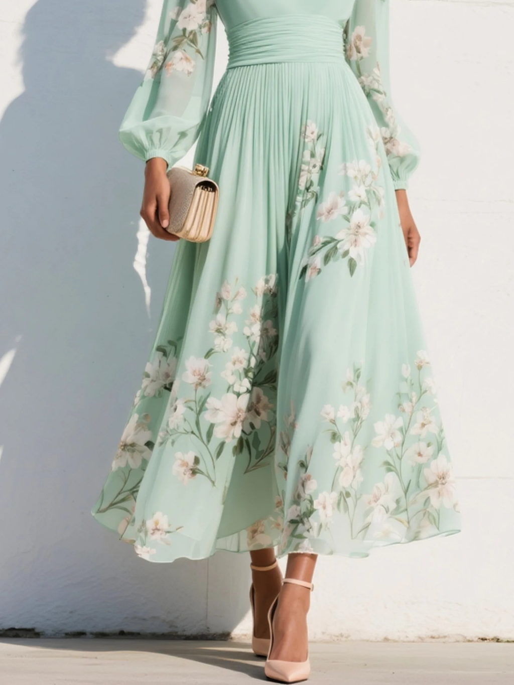 Vestito maxi in chiffon plissettato verde menta con stampa floreale per donna