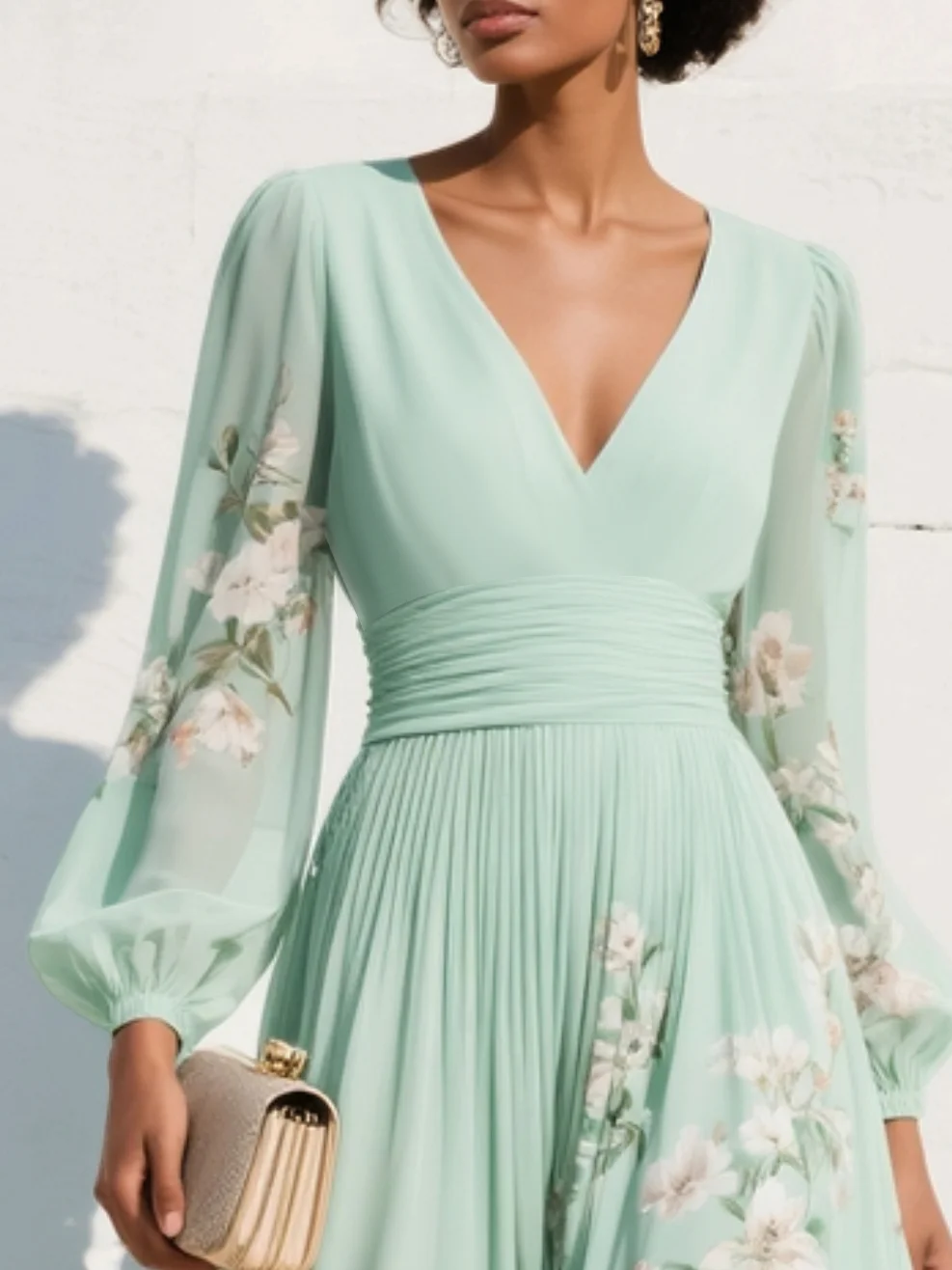 Vestito maxi in chiffon plissettato verde menta con stampa floreale per donna