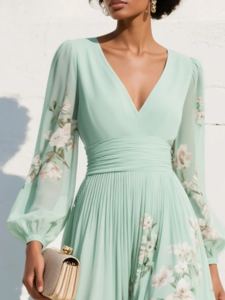 Vestito maxi in chiffon plissettato verde menta con stampa floreale per donna