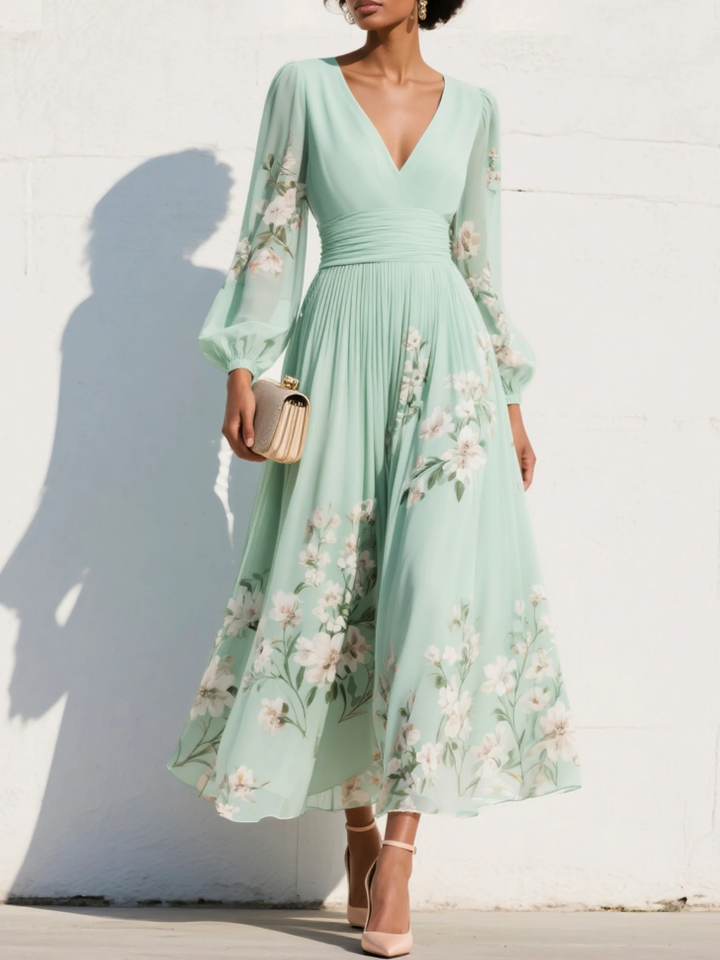 Vestito maxi in chiffon plissettato verde menta con stampa floreale per donna