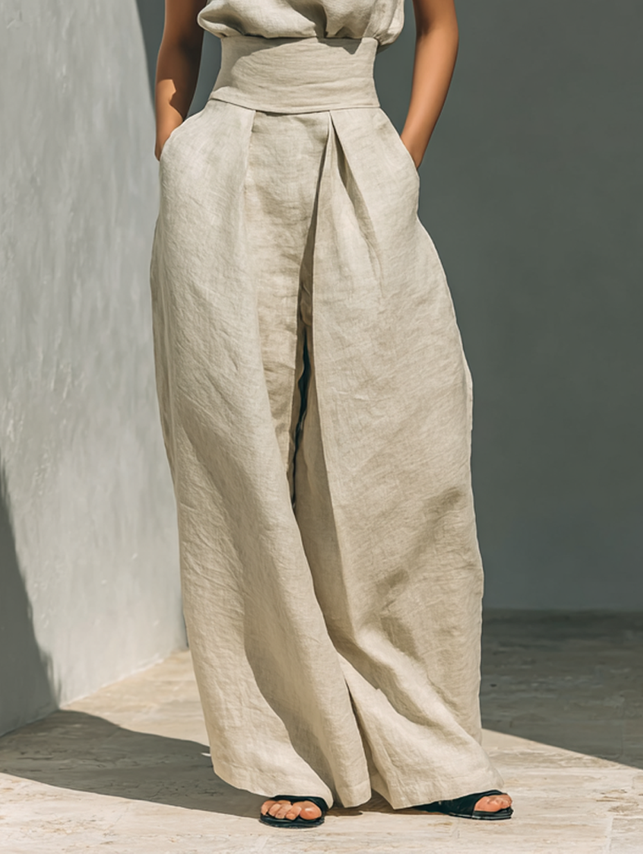 Aurora | Set coordinato beige rilassato senza maniche con pantaloni a palazzo