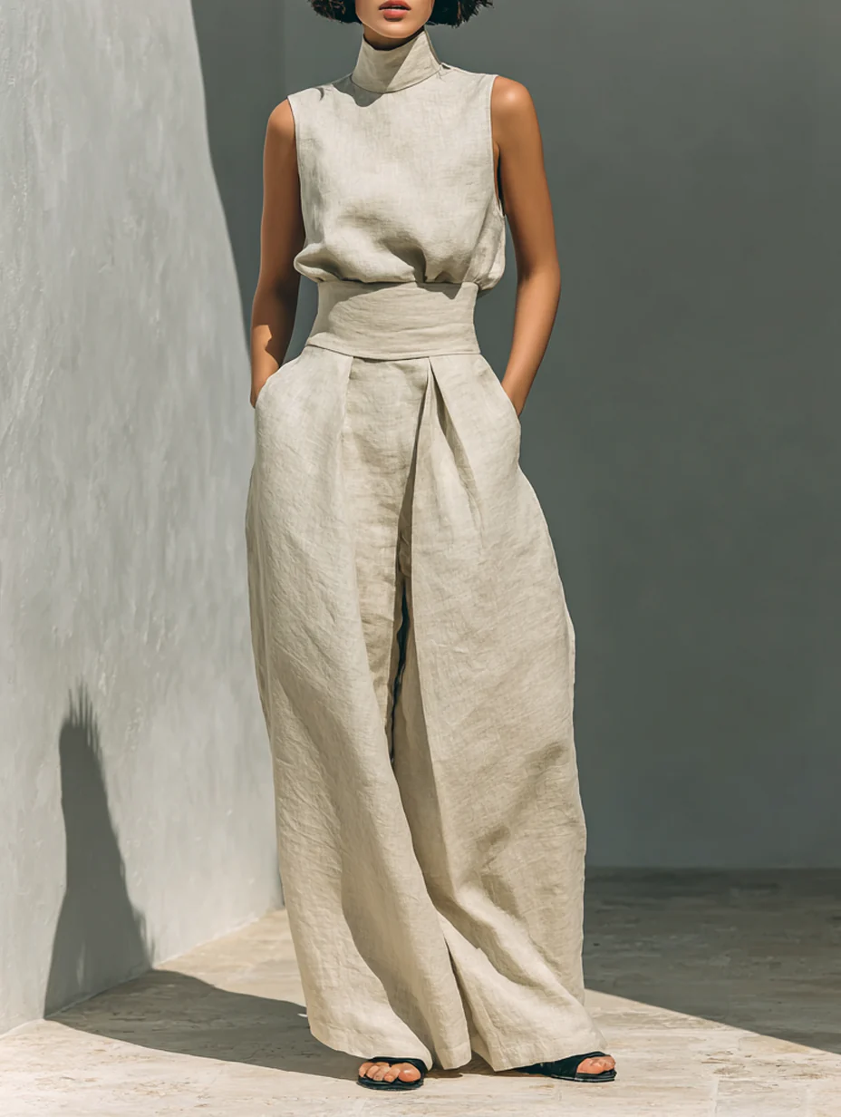 Aurora | Set coordinato beige rilassato senza maniche con pantaloni a palazzo