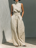 Aurora | Set coordinato beige rilassato senza maniche con pantaloni a palazzo